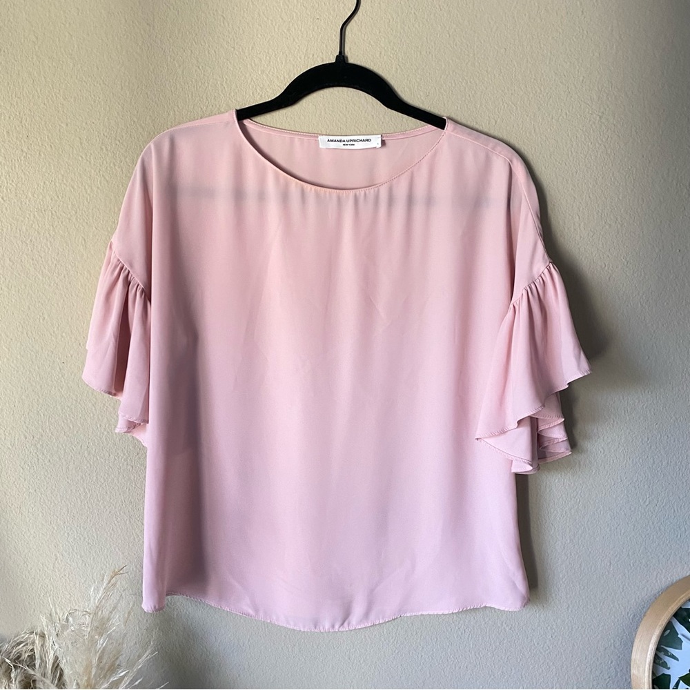 Amanda Uprichard Light Pink Ruffle Bell Short Sleeve Bohemian Boho Blouse Shirt